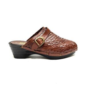 Vintage 1980s brown woven leather slip on wooden clogs